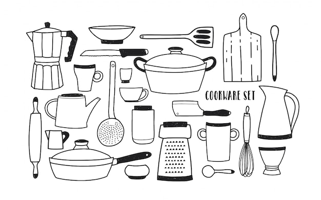 手のコレクションには 調理器具や調理用具が描かれています 漫画白黒調理器具のセットです トレンディな落書きスタイルのイラスト プレミアムベクター