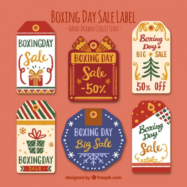 Collection of hand-drawn sale labels for boxing\
day