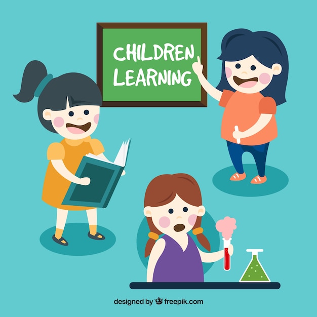 Collection of happy girls learning different subjects vector free