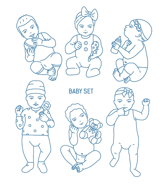 プレミアムベクター さまざまな服を着て おもちゃやガラガラを保持している幼児や赤ちゃんのコレクション ライン アートスタイルで描かれたさまざまな姿勢の幼児のセット モノクロのベクターイラストです