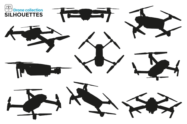 さまざまなビューで孤立したドローンのシルエットのコレクション ハイディテール グラフィックリソース プレミアムベクター