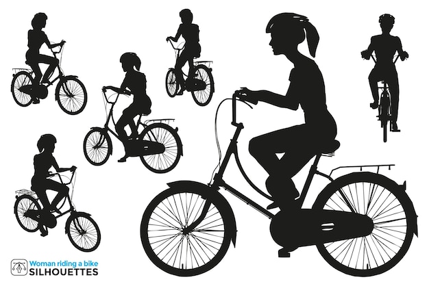 さまざまなポーズで自転車に乗っている女性の孤立したシルエットのコレクション プレミアムベクター