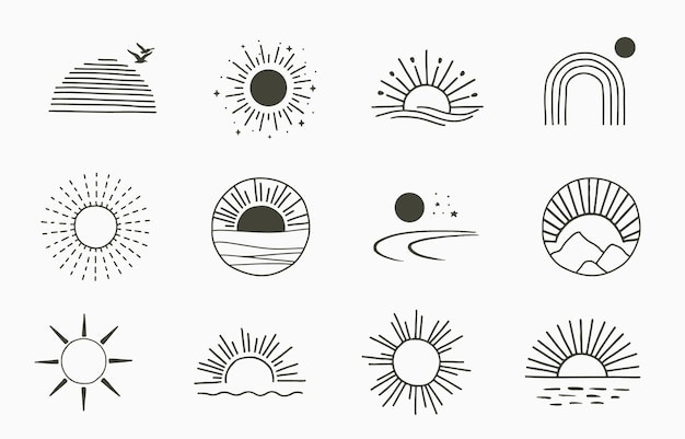 太陽とラインデザインのコレクション ウェブサイト ステッカー タトゥー アイコンの編集可能なベクトルイラスト プレミアムベクター