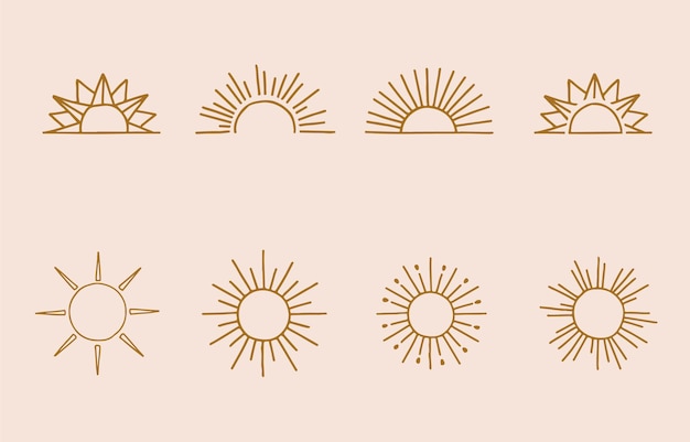 太陽とラインデザインのコレクション ウェブサイト ステッカー タトゥー アイコンの編集可能なベクトルイラスト プレミアムベクター
