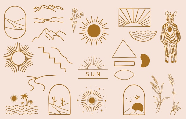 太陽 山 ウェブサイト ステッカー タトゥー アイコンの編集可能なベクトルイラストとラインデザインのコレクション プレミアムベクター
