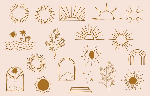 太陽 海 波のラインデザインのコレクション ウェブサイト ステッカー タトゥー アイコンの編集可能なベクトルイラスト プレミアムベクター