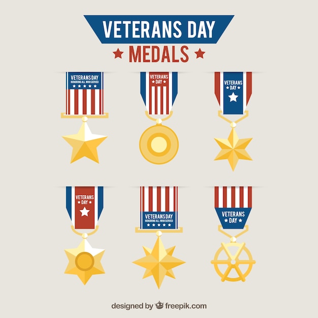 Collection of medals veterans day in flat
design