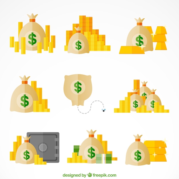 Collection of money bags with coins in flat\
design