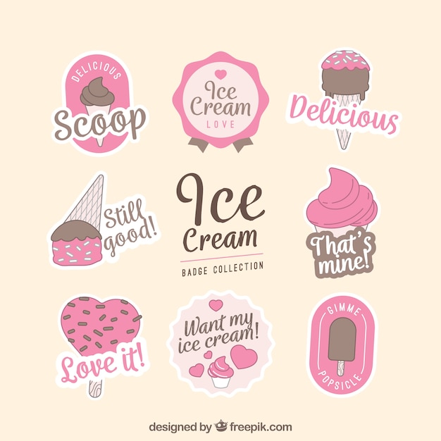 Collection of pink ice cream labels with brown\
details