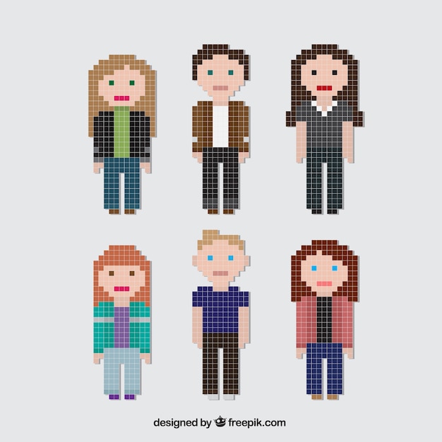 Collection of pixelated young characters