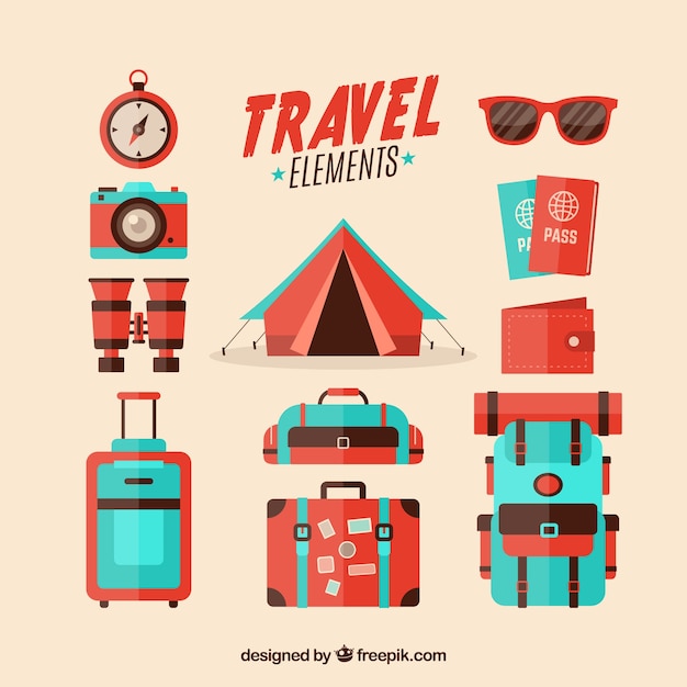Collection of retro travel elements in flat design Free Vector Collection of retro travel elements in flat design Free Vector