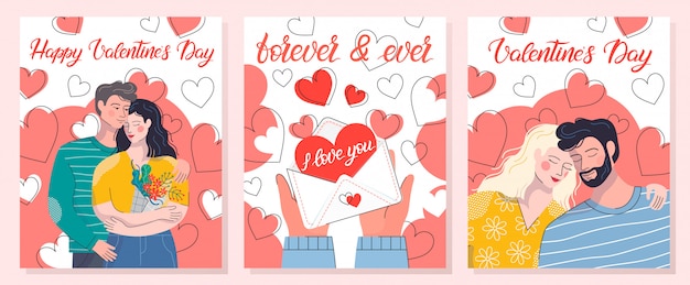 プレミアムベクター 愛の手紙 ハグのカップルと心の背景を持つロマンチックなイラストのコレクション かわいい 漫画のキャラクター グリーティングカード 版画 チラシ ポスター 招待状などに最適です