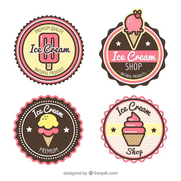 Collection of round stickers with ice creams in\
flat design