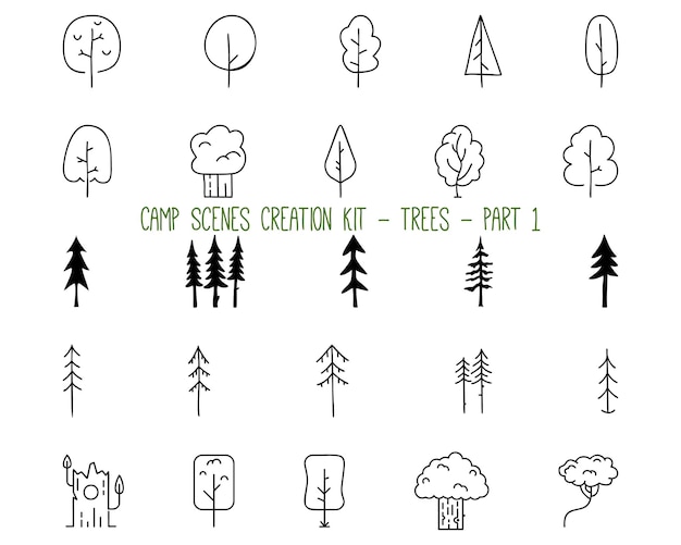 自然とキャンプのコンセプトデザインのためのさまざまな形の木を表すアウトライングラフィック要素の簡単なベクトルイラストのコレクション パート1 プレミアムベクター