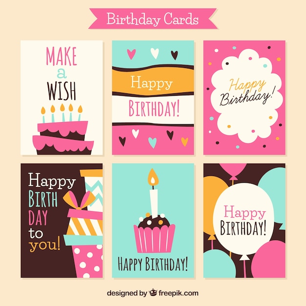 Collection of six hand drawn birthday\
cards