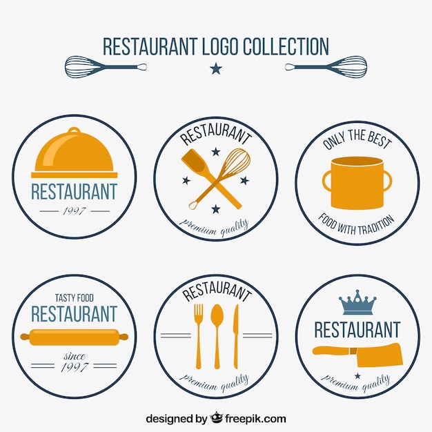 Collection of six round restaurant logos in retro style