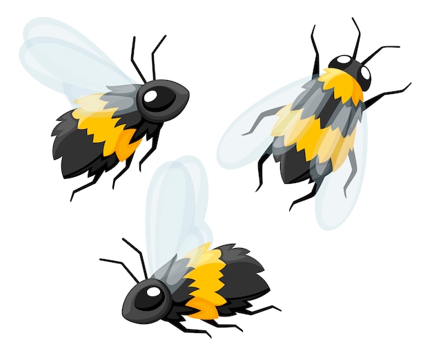 3つの漫画のかわいい蜂のコレクション フレンドリーなミツバチ 昆虫野生生物オブジェクトを飛ばします 白い背景の上の図 プレミアムベクター