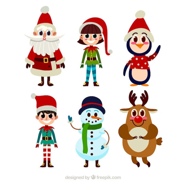 漫画スタイルの典型的なクリスマスキャラクターのコレクション 無料のベクター