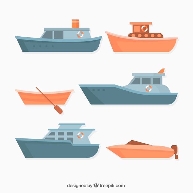 Collection of various boats in flat
design