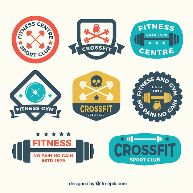 Collection of vintage crossfit stickers in flat\
design