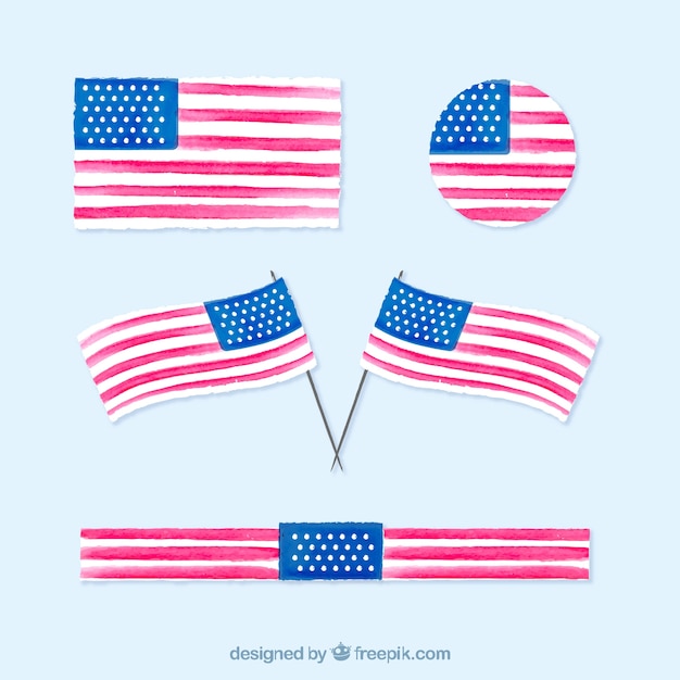 Collection of watercolor american flags with\
variety of designs
