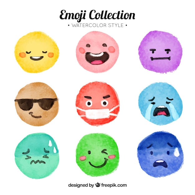 Collection of watercolor colored\
emoticons