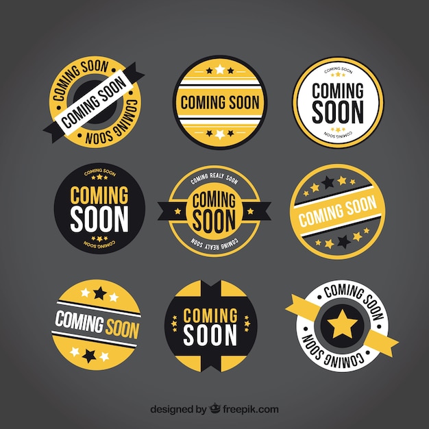Collection Of Round Coming Soon Labels With Yellow Elements Free
