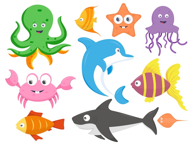 Premium Vector | Collection of sea animals cartoon vector illustration