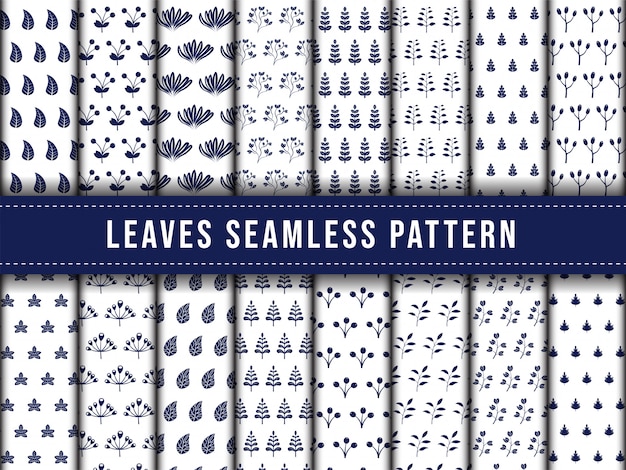 Collection set of leaves leaf seamless pattern blue white color. Premium Vector