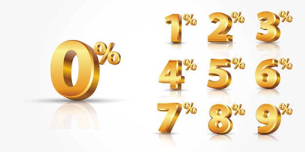 Collection of  shiny gold discount numbers percent off isolated on white background with reflection,