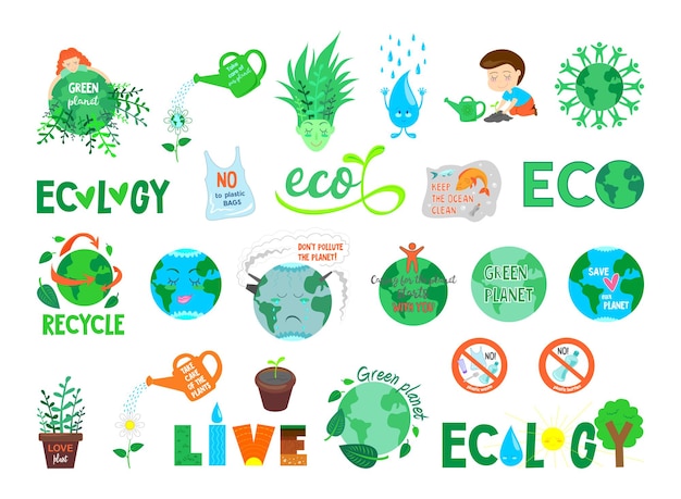 Premium Vector | Collection of stickers of ecology and protection of ...