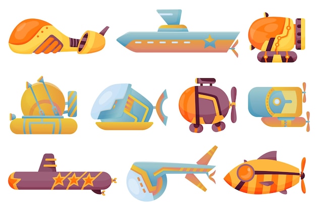 海底の潜水艦を収集します かわいい漫画の黄色い潜水艦 バチスカーフの水中船 海底を探検するダイビング 子ゲームのイラスト プレミアムベクター