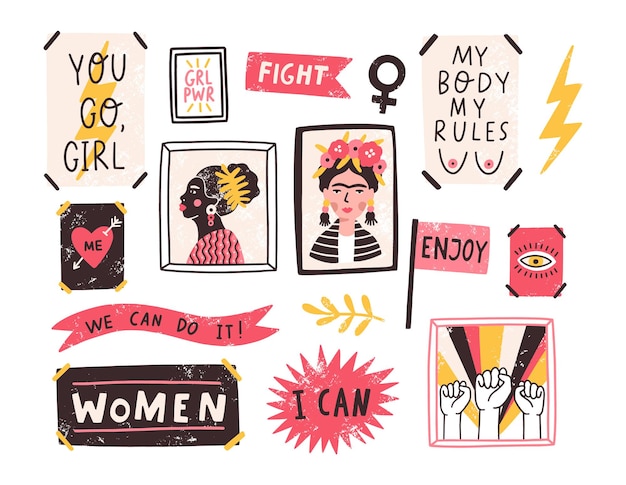 Collection of symbols of feminism and body positivity movement Premium Vector