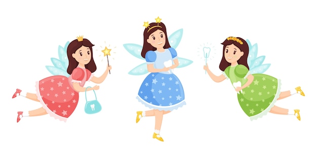 Collection of tooth fairies in flat style. isolated on a white background. Premium Vector