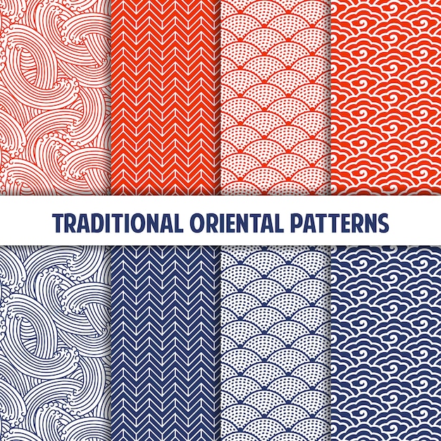 Collection of traditional japanese seamless patterns Premium Vector