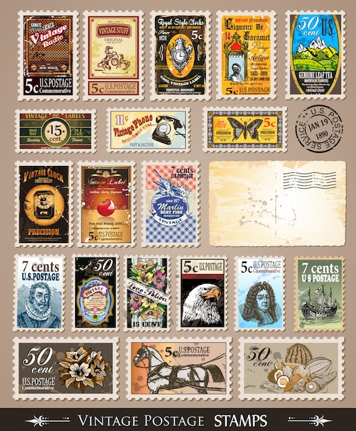 Collection Of Vintage Postage Stamps Premium Vector