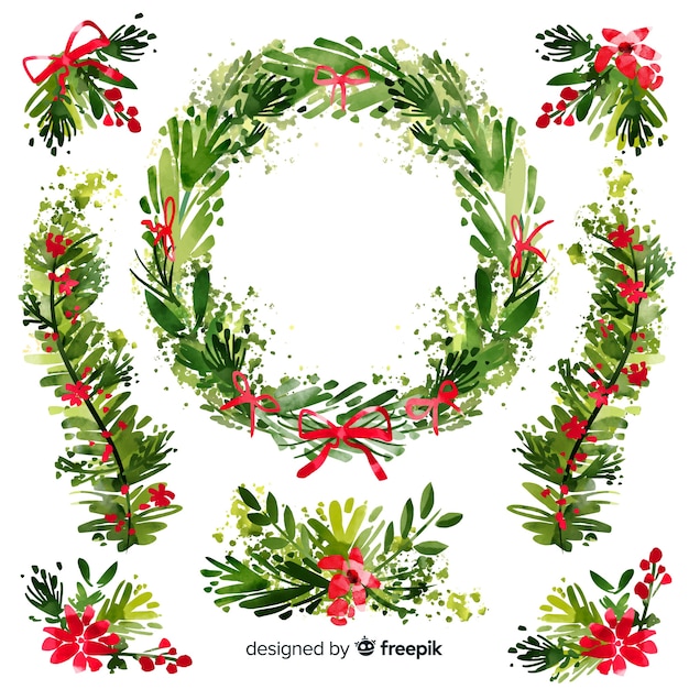 Download Collection of watercolor christmas flower & wreath Vector ...