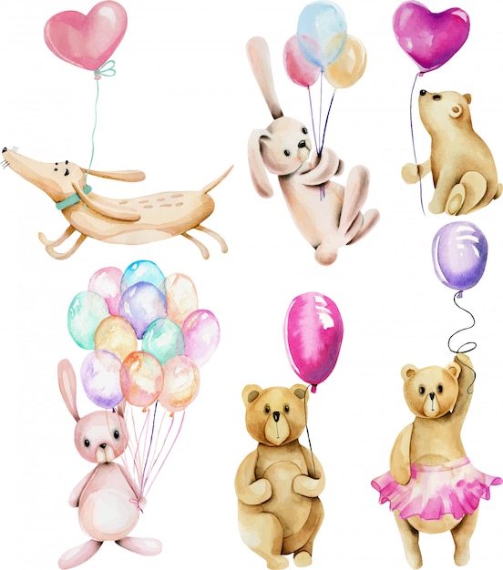 Collection of watercolor festive animals with air balloons (rabbits