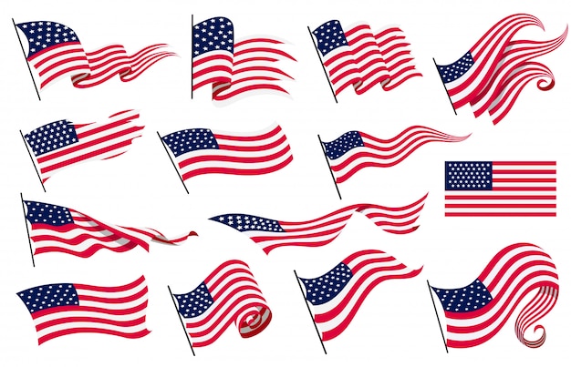 アメリカ合衆国の旗を振ってコレクション 波状のアメリカの国旗のイラスト 国民記号 白い背景の上のアメリカの国旗 イラスト プレミアムベクター