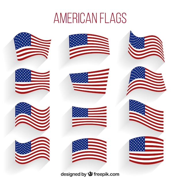 Download Collection of wavy american flags | Free Vector