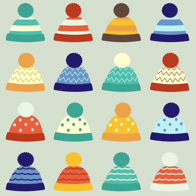 Download The collection of winter hat in many pattern. Vector | Premium Download