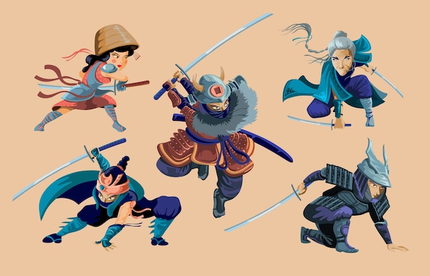 忍者 侍 日本人の女の子と老婆の戦士のキャラクターのコレクション 剣のキャラクターが設定された漫画の忍者の武士 孤立したイラスト プレミアムベクター