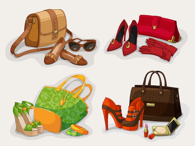 Collection of women bags shoes and accessories Premium Vector