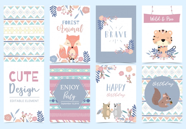 Collection of woodland cards set with fox, tiger, flower, wreath, squirrel illustration for birthday invitation Premium Vector