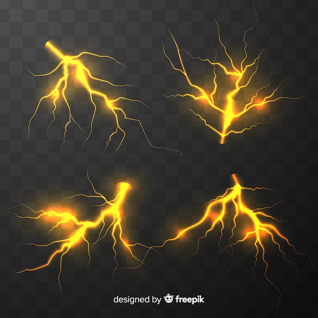 Collection of yellow lightning on transparent background | Free Vector