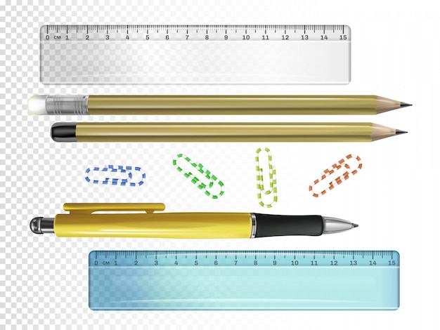 3dインクペン 消しゴムや定規 紙クリップ付きの鉛筆のカレッジの文房具のイラスト 無料のベクター