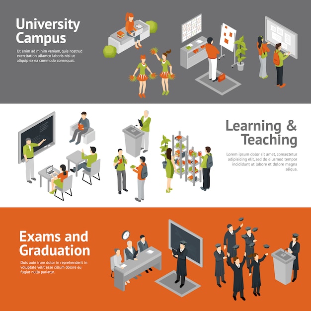 College university isometric banners Free Vector
