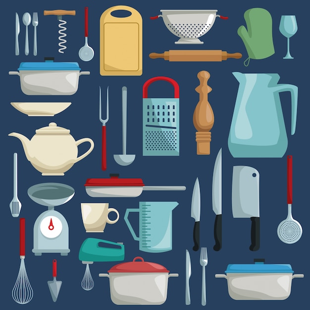 Premium Vector | Color background with different elements of kitchen