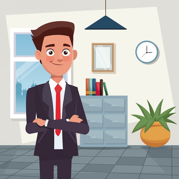 Premium Vector | Color background workplace office half body young man ...