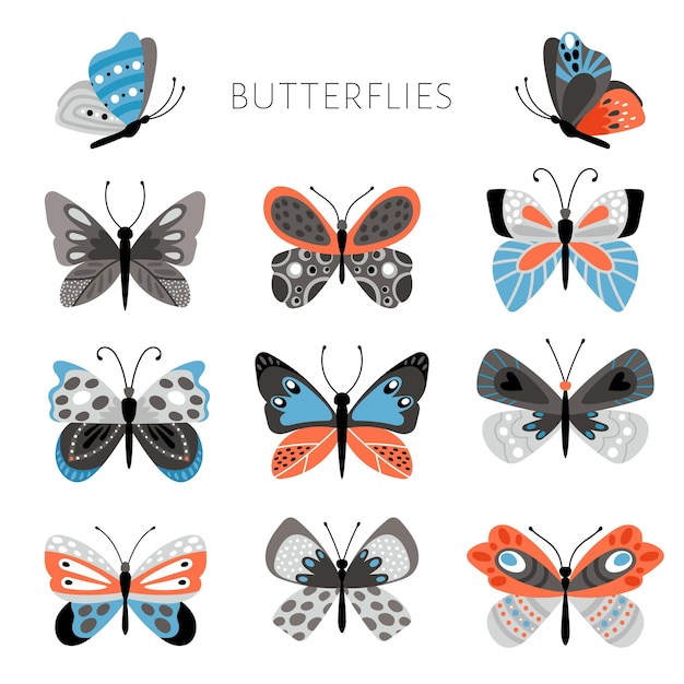 色の蝶と蛾のイラスト 子供のためのベクトルのかなりカラフルな蝶 白い背景の青とピンク色の熱帯の春の昆虫 プレミアムベクター